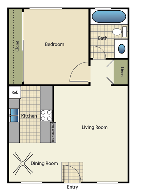 One bedroom one bath apartment floorplan